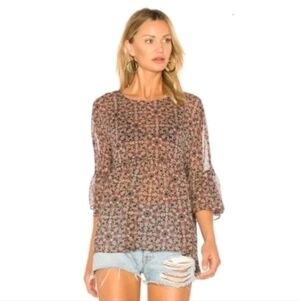 BCBGeneration Boho Kaleidoscope Abstract Sheer Ruffle Hem Top